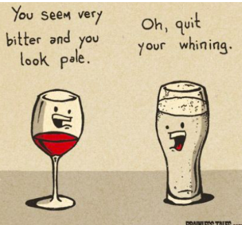 Söröspohár és borospohár beszélgetnek, karikatúra